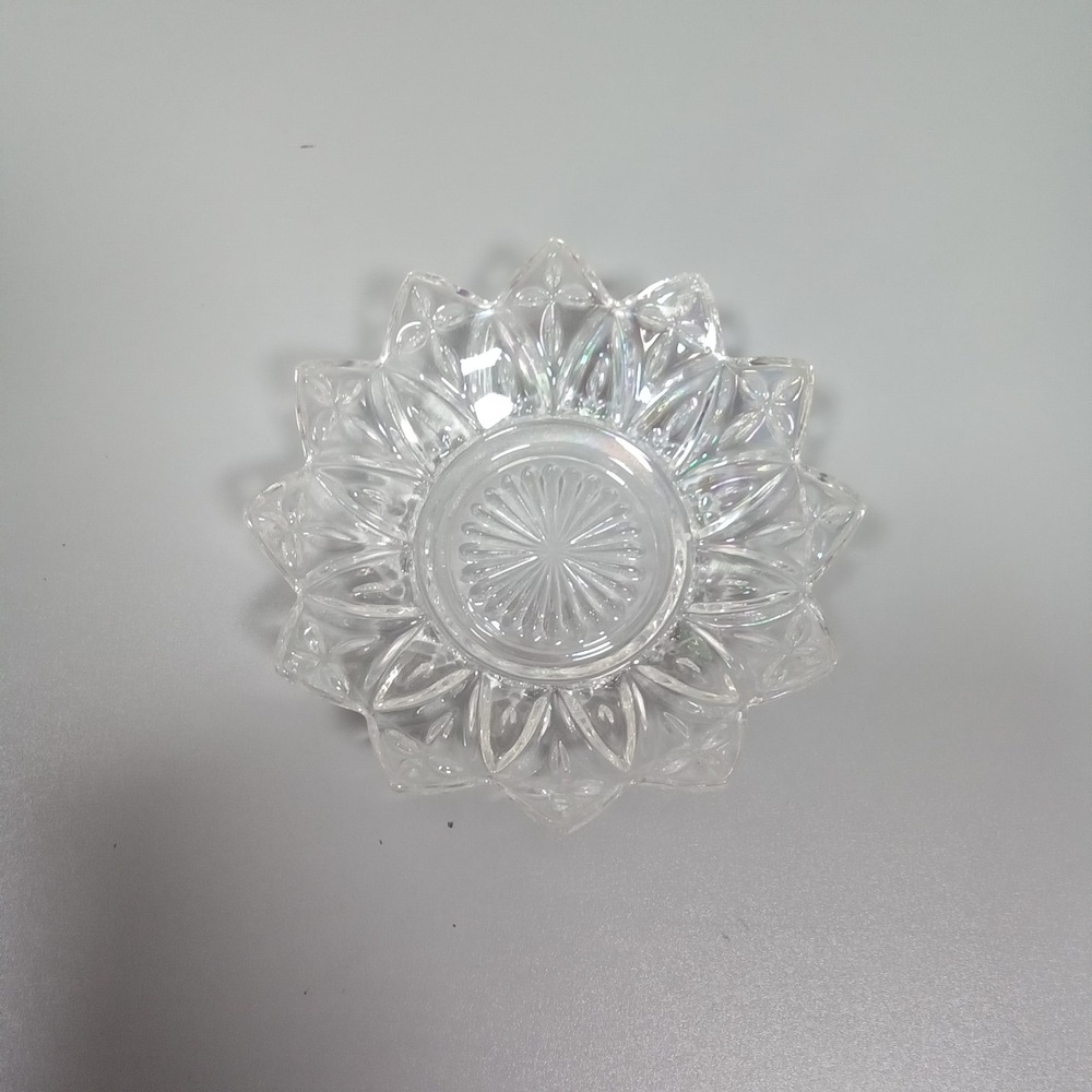 Vintage Iridescent Carnival Glass Lotus Petal Trinket Dish Scalloped Bowl Clear